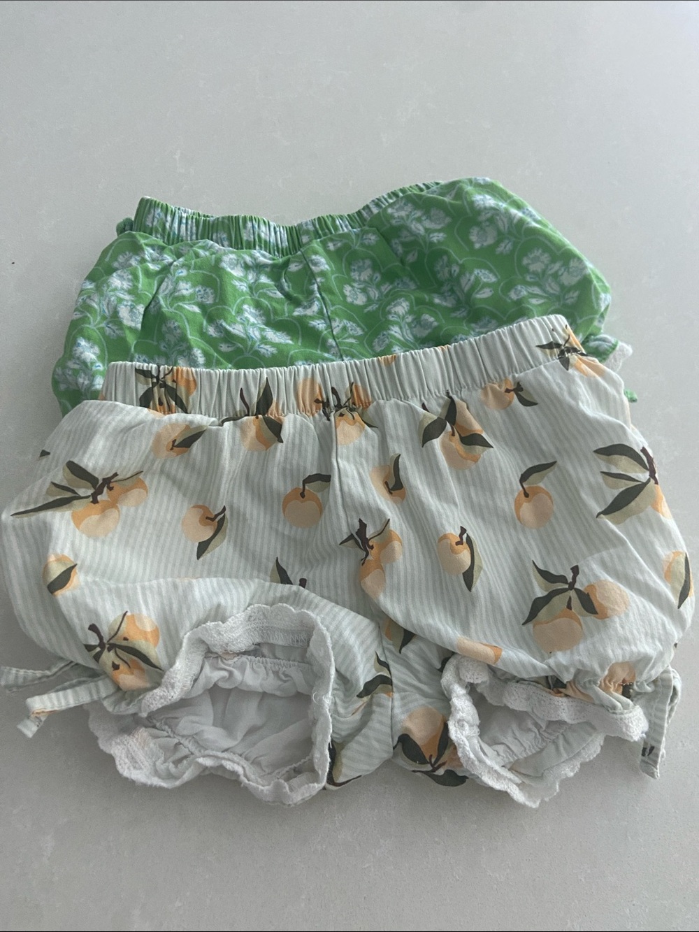 SweetHoney set of ruffle bottom bloomer shorts - White & Green / peach